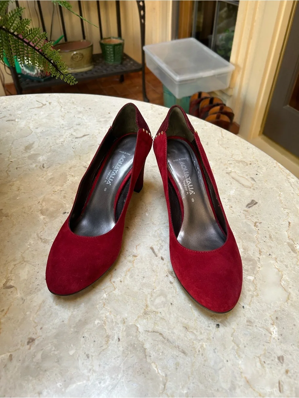 Aquatalia Burgundy Suede Block Heel Pumps with Gold Studs